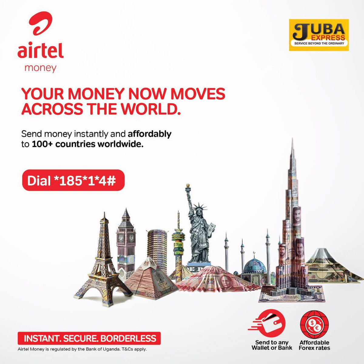 Money moves over seas in just seconds when you use Airtel Money.

Aitel money and Juba Express allows to transfer money to over 100 countries right on your phone.

Dial *185*1*4# 

#AirtelMoneyXJubaExpress