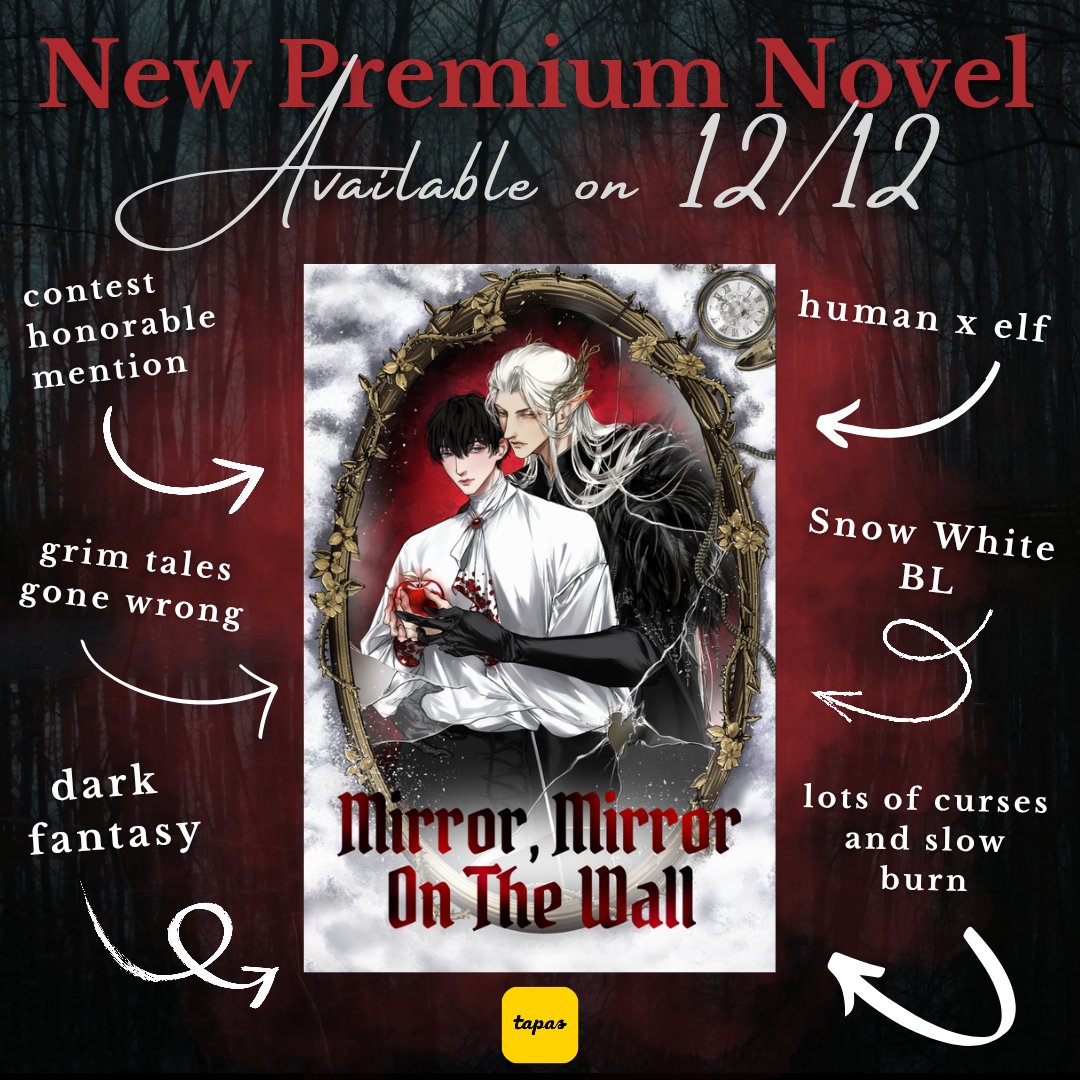 authorbread's tweet image. "Mirror, Mirror on the Wall" to return as Premium on 12/12, only on @tapas_app 🍎

1212: angel numbers signifying new beginnings and spiritual awakening 🖤