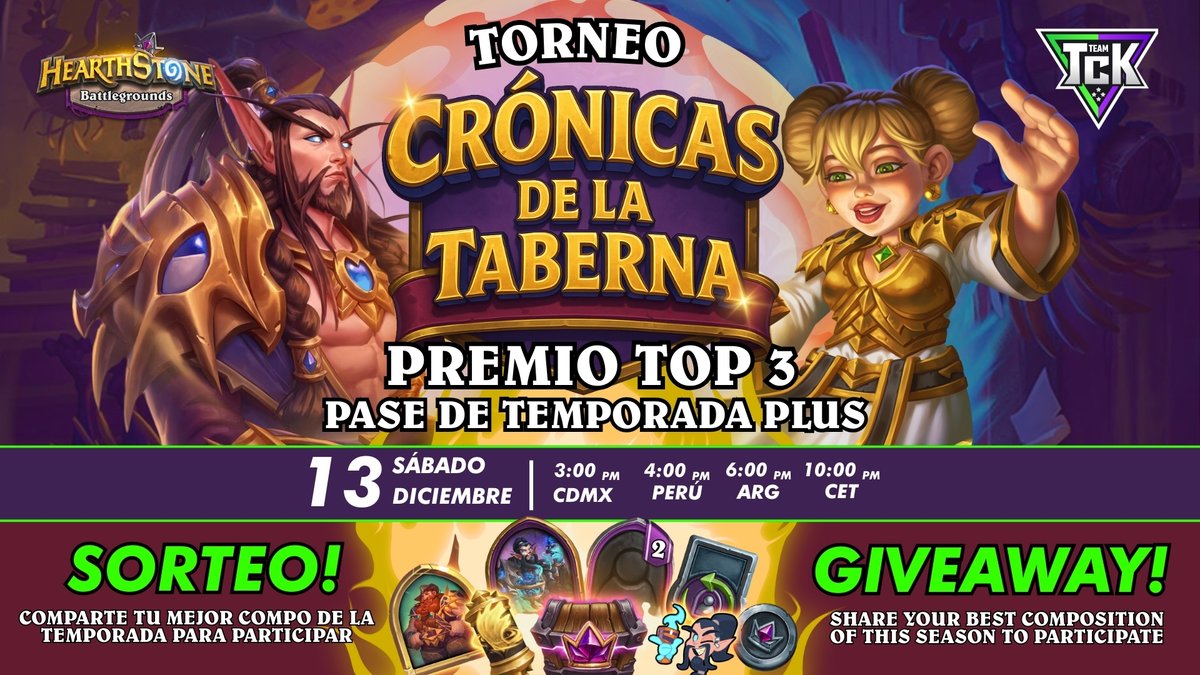 Este sábado llega ⏳ CRÓNICAS DE LA TABERNA ⏳
🔥 Premios para el Top 3.
📍 Inscríbete aquí: bit.ly/3KD7Vnk

🎁 GIVEAWAY!
🔄RT + Comparte tu mejor compo de la temporada; sorteo en stream al terminar el torneo.

Prepárate... Solo uno controla la línea temporal. 🕰️