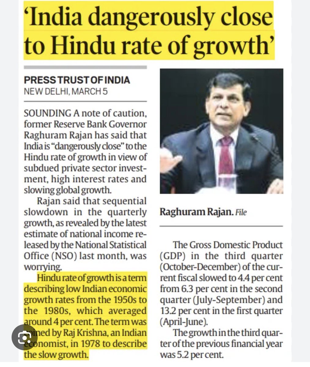 thehawkeyex's tweet photo. Did you know that the slow growth of India between 1950-80 termed as "Hindu Rate of Growth"? 

It wss coined by an Indian economist Prof Raj Krishna in 1978, attributing poor economic performance to the Hindu culture.

A couple of years back RRR repeated the term by issuing a (false) warning that India is leading towards the same "Hindu Rate".

No secular soul in India found it derogatory then and now. However, no one is attributing today's fragile to finest GDP growth amid the war/pandemic torn world – a rising Hindu Rate of Growth. 

That's how secularism works and PM Modi highlighted the same!