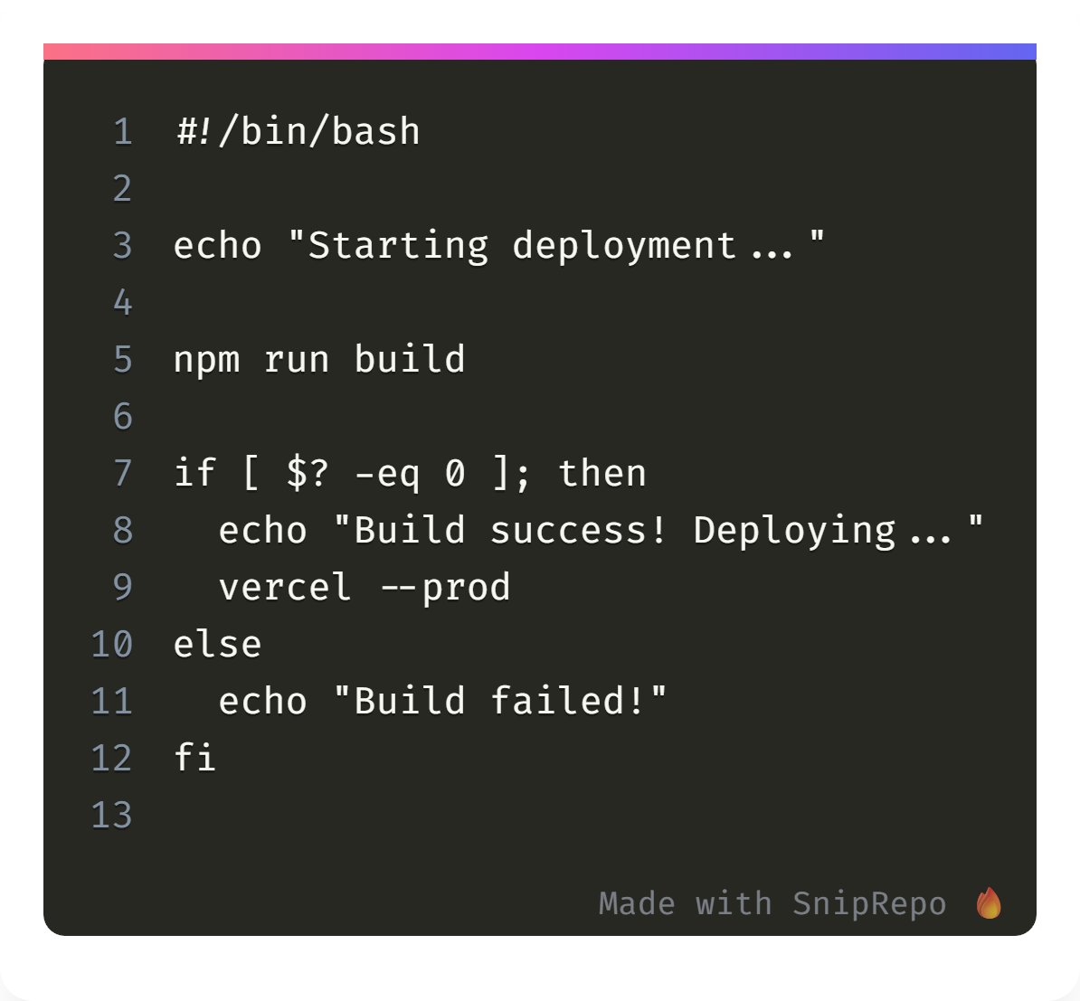 SahilPradhan_01's tweet image. 3️⃣ Third snippet: shell script turned into a screenshot that actually looks share-worthy 🖥️

Who knew plain text could look this good? 😅

Drop yours in the replies!