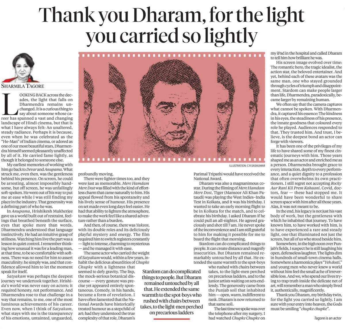 FHF_Official's tweet photo. Renowned actress Sharmila Tagore, who shares a birthday today with the beloved actor Dharmendra who passed away recently on November 24th, writes an evocative piece in the @IndianExpress ... https://t.co/gVDiUvgAHF https://t.co/WhDA0NFYi0