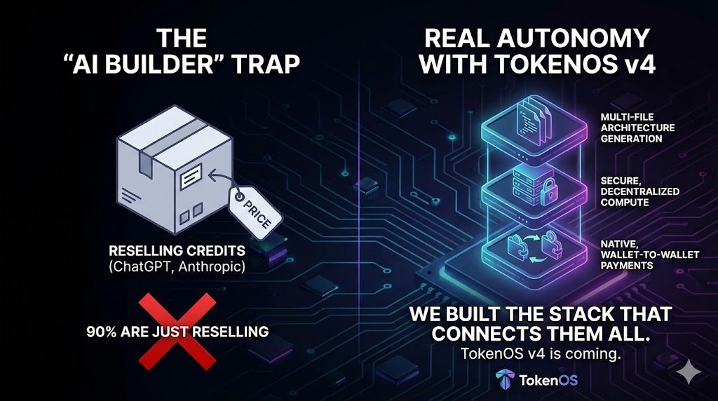 TokenOS_AI's tweet photo. TEASER: 90% of "AI Builders" are just reselling ChatGPT and Anthropic credits.

Real autonomy requires deep infrastructure integration:

✅Multi-file architecture generation.
✅Secure, decentralized compute.
✅Native, wallet-to-wallet payments.

We built the stack that connects them all.

https://t.co/j5hEGhNeqJ v4 is coming.

$TOS CA: HmjCoarLh5duURfJ333DwfFiPyTCgFT35pRSAoP8pump