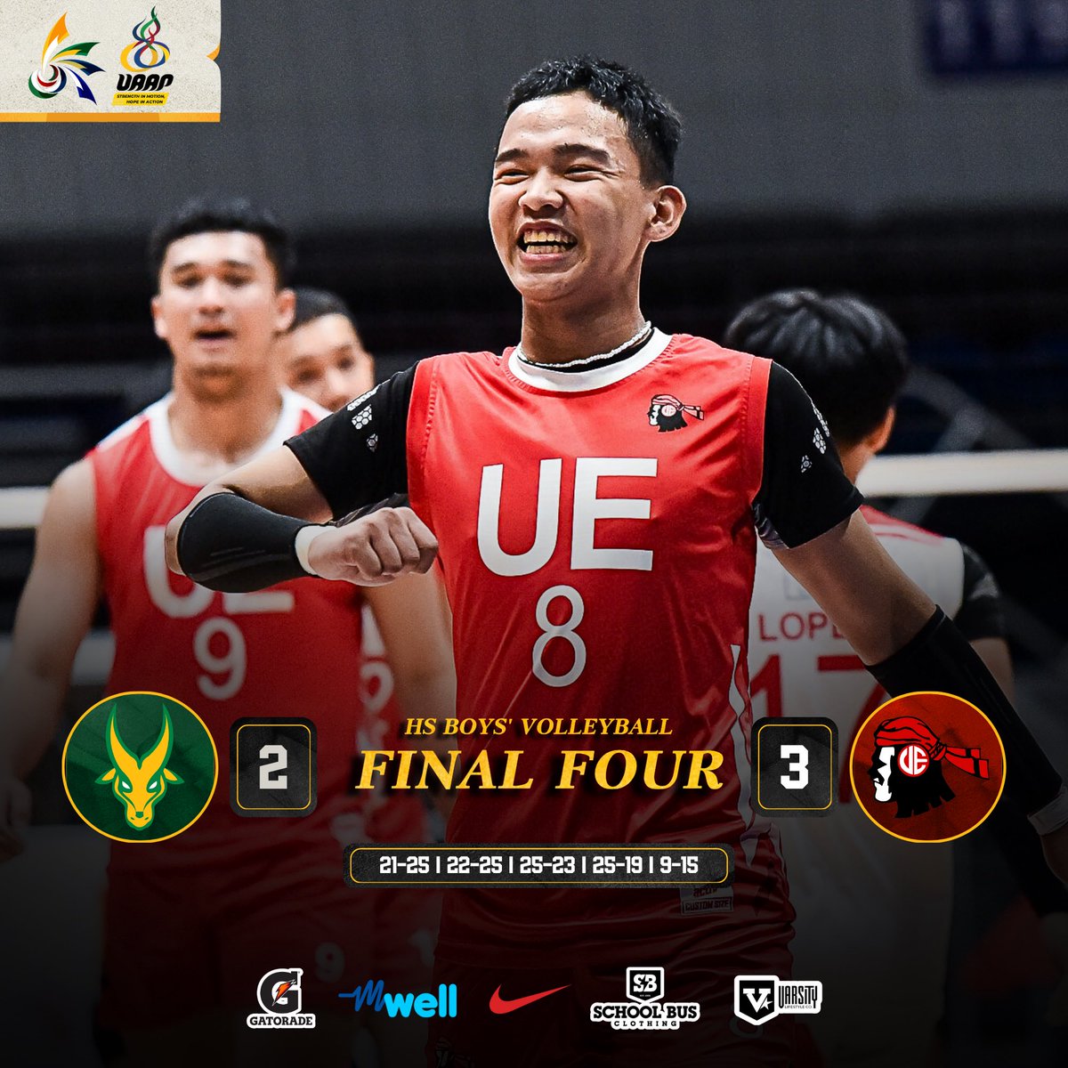 uaap_official's tweet image. The UE Junior Warriors outlasted the FEU-D Baby Tamaraws in a nail-biting five-set showdown, 3–2, at the #UAAPSeason88 HS Boys’ Final Four decider game, securing their spot in the Finals.

Game 1 of the best-of-three Finals series between NUNS vs. UE will be played on Thursday,…