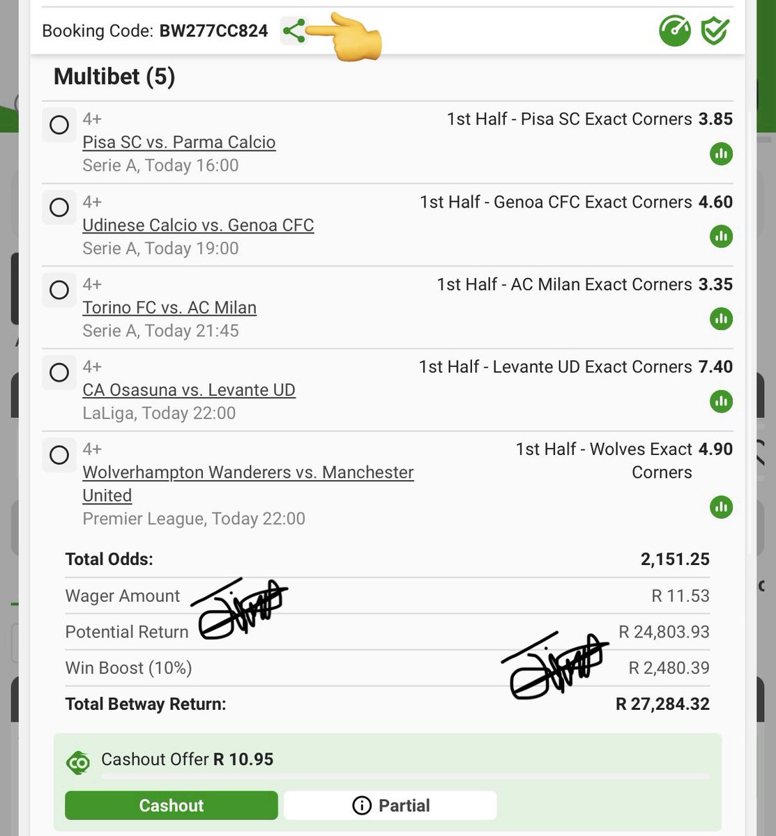 Let’s go 4+ Corners🎉🎉💰💰💰

⏰𝐊𝐢𝐜𝐤-𝐨𝐟𝐟: 16:00
🎟️𝐁𝐨𝐨𝐤𝐢𝐧𝐠 𝐂𝐨𝐝𝐞: BW277CC824

🛜𝙍𝙚𝙜𝙞𝙨𝙩𝙚𝙧/𝙎𝙞𝙜𝙣 𝙪𝙥 𝙝𝙚𝙧𝙚: bit.ly/Jimmy_50

🔗𝐁𝐞𝐭𝐬𝐥𝐢𝐩 𝐋𝐢𝐧𝐤: new.betway.co.za/book-a-bet-res…

🔞+|𝕋&amp;ℂ'𝕤 𝕒𝕡𝕡𝕝𝕪