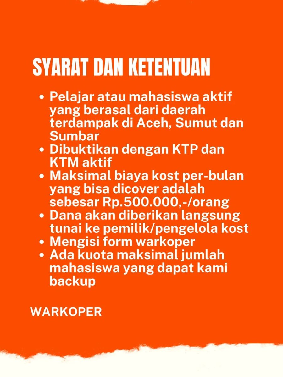 Program Bantuan perpanjangan Kost 

Untuk kalian para Mahasiswa perantau dari Aceh, Sumbar, Sumut, dan daerah bencana lainnya, kami tahu hatimu sedang tidak di rumah. Di saat kabar dari kampung membuat dada sesak, Jogja ingin jadi tempat paling aman untukmu berteduh. Kalau hari