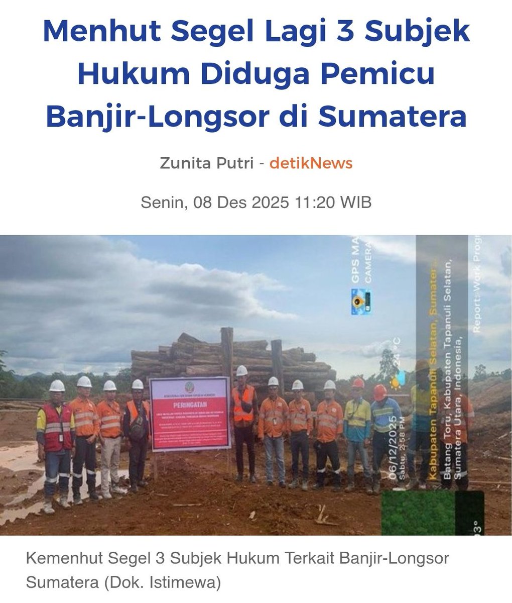 Setelah sebelumnya menyegel  empat subyek hukum,  Menhut Raja Juli Antoni kembali menyegel tiga subjek hukum yang diduga menjadi penyebab terjadinya banjir dan longsor di Sumatera.

Menhut menegaskan tidak ada kompromi, baik korporasi ataupun pemegang hak atas tanah (PHAT) yang