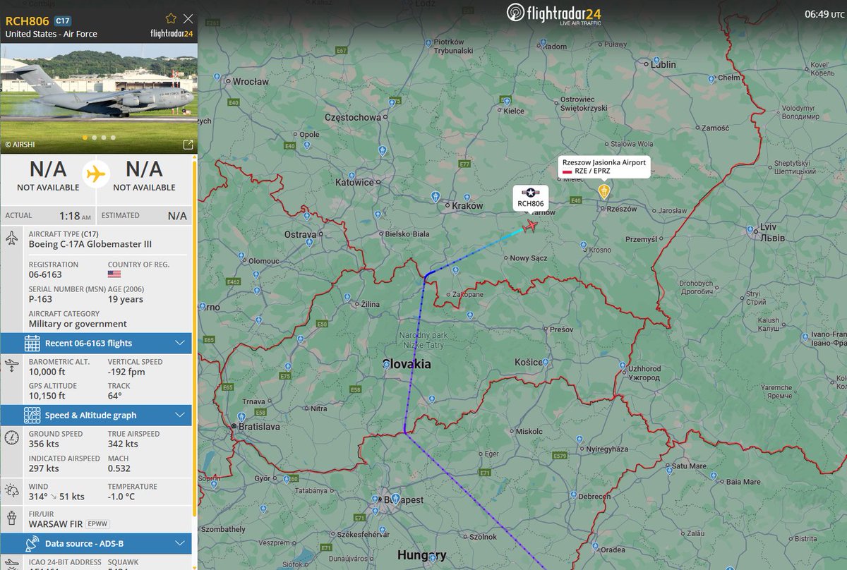 PolishMilRadar's tweet photo. 📅08.12 🕑07:50LT - 🇺🇸✈️ Globemaster #USAF do Rzeszowa
Do Rzeszowa Jasionki #EPRZ 🇵🇱 zniża ✈️ #RCH806 Boeing C-17A Globemaster III "06-6163" Sił Powietrznych Stanów Zjednoczonych #USAF 🇺🇸, który wystartował z Bazy Lotniczej Ali Al Salem #OKAS w Kuwejcie 🇰🇼
🔗https://t.co/EyXCDl4hpL
#POLMILRADAR