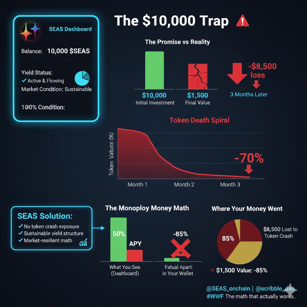 Wealth_Writes's tweet photo. Let’s do some simple math.

You lock $10,000 in a yield platform promising 50% APY (Annual Percentage Yield).

Sounds great, right?

3 months later, the token you’re earning is down 70%. 

Your “yield” is now worth $1,500. Meanwhile, your original $10,000 is stuck, locked, untouchable.

Congratulations. You just paid $8,500 for the privilege of earning $1,500.

This is how most yield platforms work. 

Big APY numbers that look impressive until you realize they’re paying you in monopoly money. 

The math looks good in the dashboard. It falls apart in your wallet.

The real equation is simple: if your yield dies when markets drop, it was never sustainable to begin with.

So why do platforms keep building systems that only work when things go up?

Because they haven’t figured out what @SEAS_onchain already solved.

@scribble_dao
#WWF