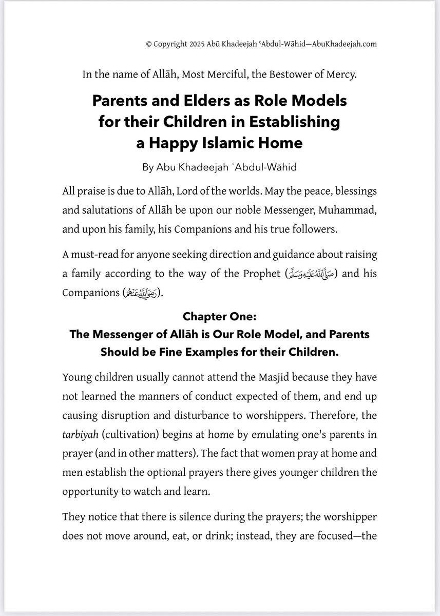 AbuKhadeejahSP's tweet image. New PDF book and article: 

🏡 Parents and Elders as Role Models for their Children in Establishing a Happy Islamic Home

By Abu Khadeejah Abdul-Wāhid.

Read / download / share from this link:

abukhadeejah.com/parents-elders…