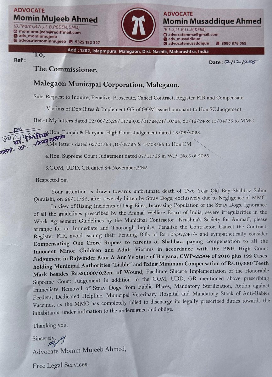 adv_mominmujeeb's tweet photo. Sir, Crores spent, No result, >100 complaints, No Axn, No Dr., No Medicns, No Ambulance, No Inquiry, Shahbaz, 2 yr, LOST LIFE, aftr Dog Bite on 28/11, No Compensation yet by MMC. GOOD GOVERNANCE at its BEST in Malegaon. Isn't it? @PMOIndia @Min_FAHD @MinistryWCD @MoHFW_INDIA https://t.co/8AJYFpIPlm