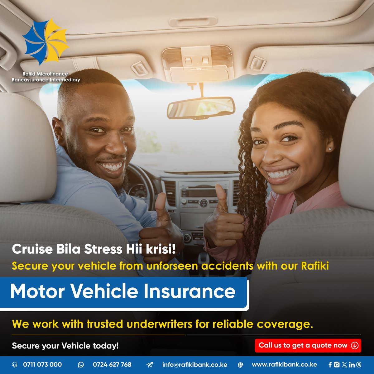 RafikiBank's tweet image. Secure your vehicle from accidents with Rafiki Motor Vehicle Insurance. We use trusted underwriters for reliable coverage.

Call us to get a quote

☎️ 0711 073 000
📧info@rafikibank.co.ke
🌐 rafikibank.co.ke

#MotorVehicleInsurance #rafikibancassuranceintermediary
