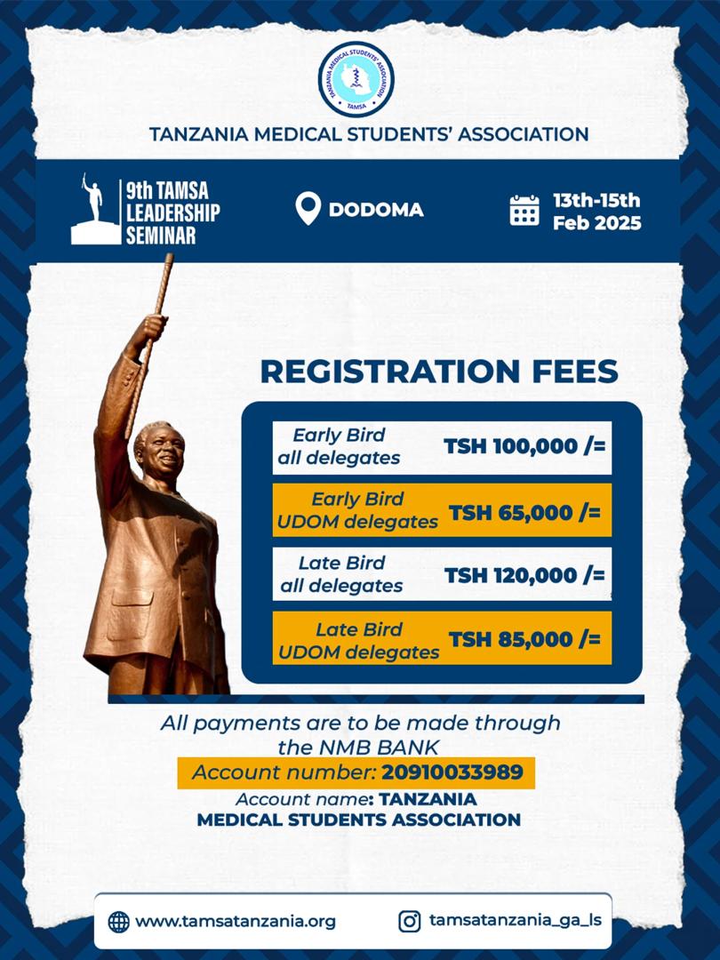 tamsa_kairuki's tweet image. 📣 9th TAMSA Leadership Seminar – Registration Now Open

The 9th TAMSA Leadership Seminar is officially calling all medical students to Dodoma this February!
Register, prepare, and be ready to lead! 💪✨

#leadershipseminar #medicalstudent #tamsaudom 

 @tamsatanzania_ga_ls