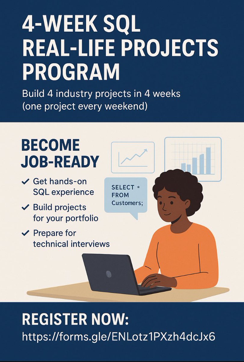 naijadataprof's tweet image. Want a job in Data or Analytics? 🚀

Build real SQL projects in 4 weeks and boost your CV + portfolio:
💡 Real datasets
💡 Business scenarios
💡 SQL challenges

👉 forms.gle/ENLotz1PXzh4dc…

#DataProfessor #SQL #Analytics #CareerGrowth