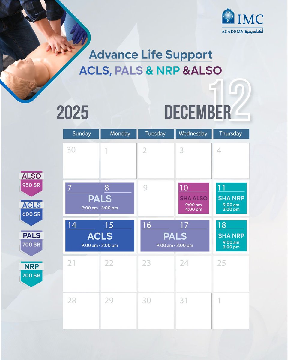 📌IMC Academy Announcement!
Join our Life Support Training Center courses for October 
📌Course offered: BLS, ACLS, PALS, NRP, HSFA
Register now: 
imcacademy.net/academic_servi…