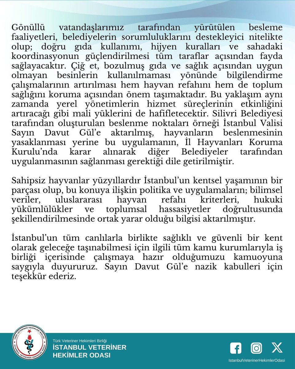 Sahipsiz Hayvanların Beslenmesine Yönelik Uygulamalara İlişkin İstanbul Valiliği Ziyareti
 
İstanbul’da sahipsiz hayvanlara yönelik besleme uygulamalarına ilişkin son dönemde yapılan açıklamalarhakkında, konunun bilimsel, hukuki ve toplumsal boyutlarının ele alınması amacıyla