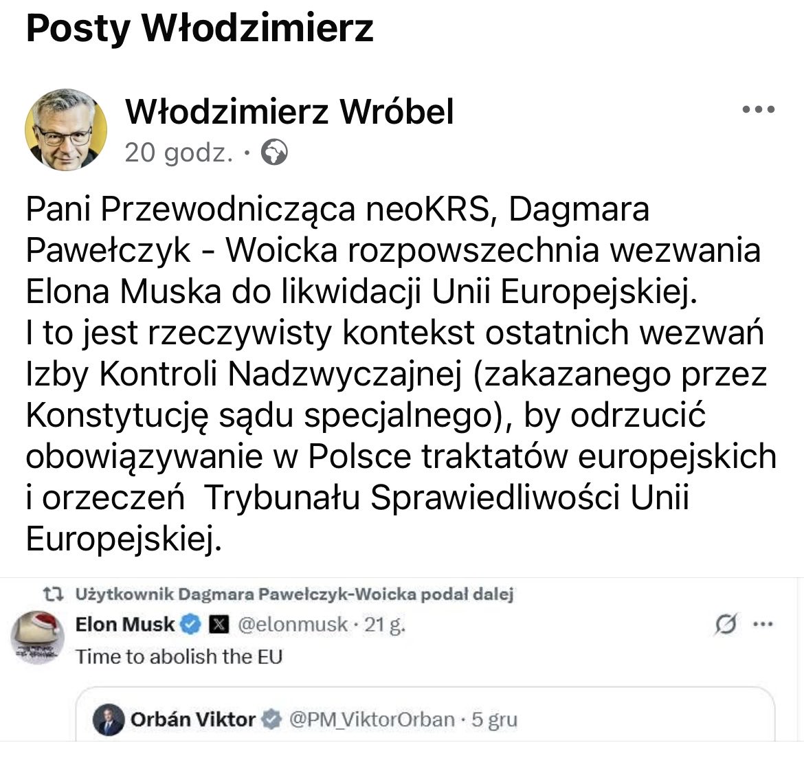 Pawełczyk-Woicka odkryła już wszystkie karty i obnażyła się do cna.
A jak rozpowszechnia wezwania Muska do likwidacji UE, to Rosja jest już w neo-KRS.

Bardzo dobry wpis prof. Włodzimierza Wróbla.
