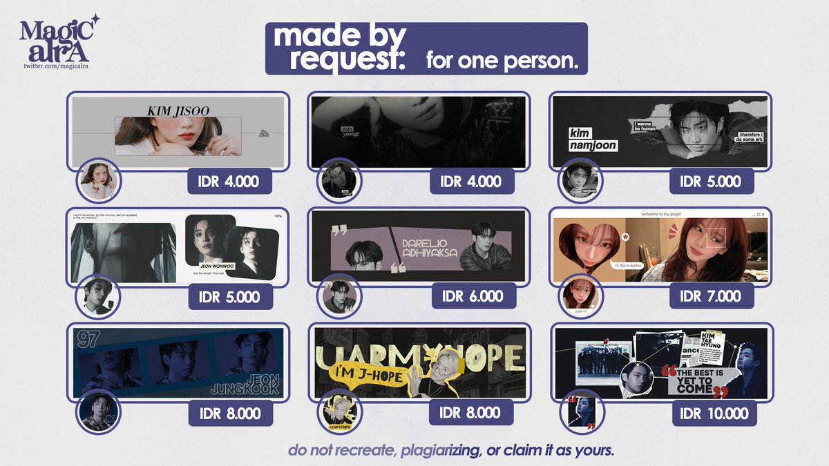 aragical's tweet image. haloo aku kembali open yaa! ada layout made by request untuk personal, duo/couple, dan group/squad. boleh banget diskusi dulu kalau ada request tambahan. ayo jajan 🗣🗣🗣

#zonauang