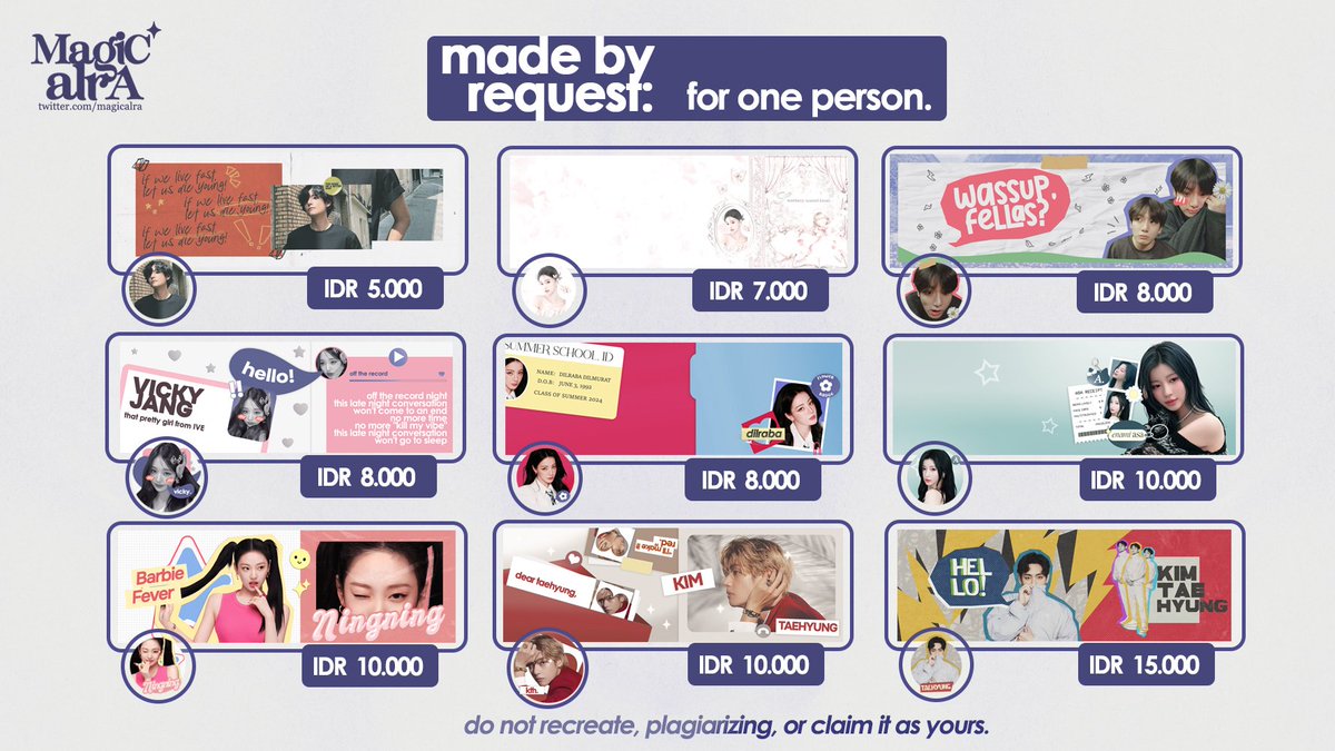 aragical's tweet image. haloo aku kembali open yaa! ada layout made by request untuk personal, duo/couple, dan group/squad. boleh banget diskusi dulu kalau ada request tambahan. ayo jajan 🗣🗣🗣

#zonauang