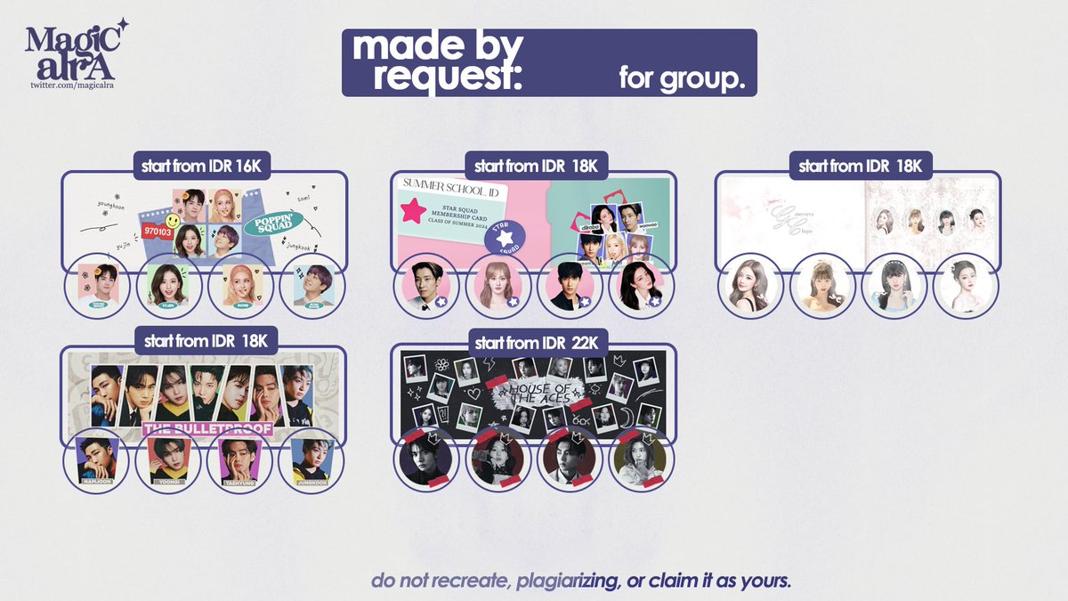 aragical's tweet image. haloo aku kembali open yaa! ada layout made by request untuk personal, duo/couple, dan group/squad. boleh banget diskusi dulu kalau ada request tambahan. ayo jajan 🗣🗣🗣

#zonauang