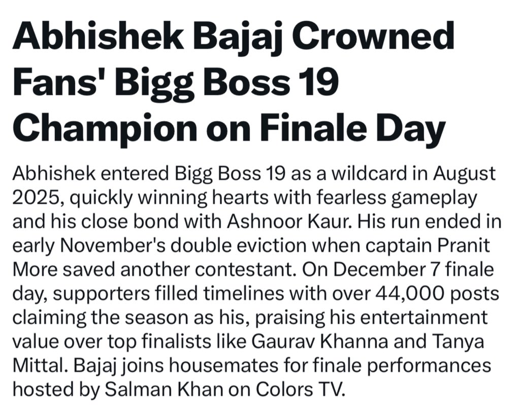 ItsABhere's tweet photo. "Jeeta hota toh bas Headline banti..
Ab el Blockbuster kahaani bann gaya hu"🔥🔥

He won hearts &amp; it shows..

He is being more talked about then the so called finalists🔥🔥

#AbhishekBajaj • #SherDilFam • #BiggBoss19 • https://t.co/vjQUzUdBNT