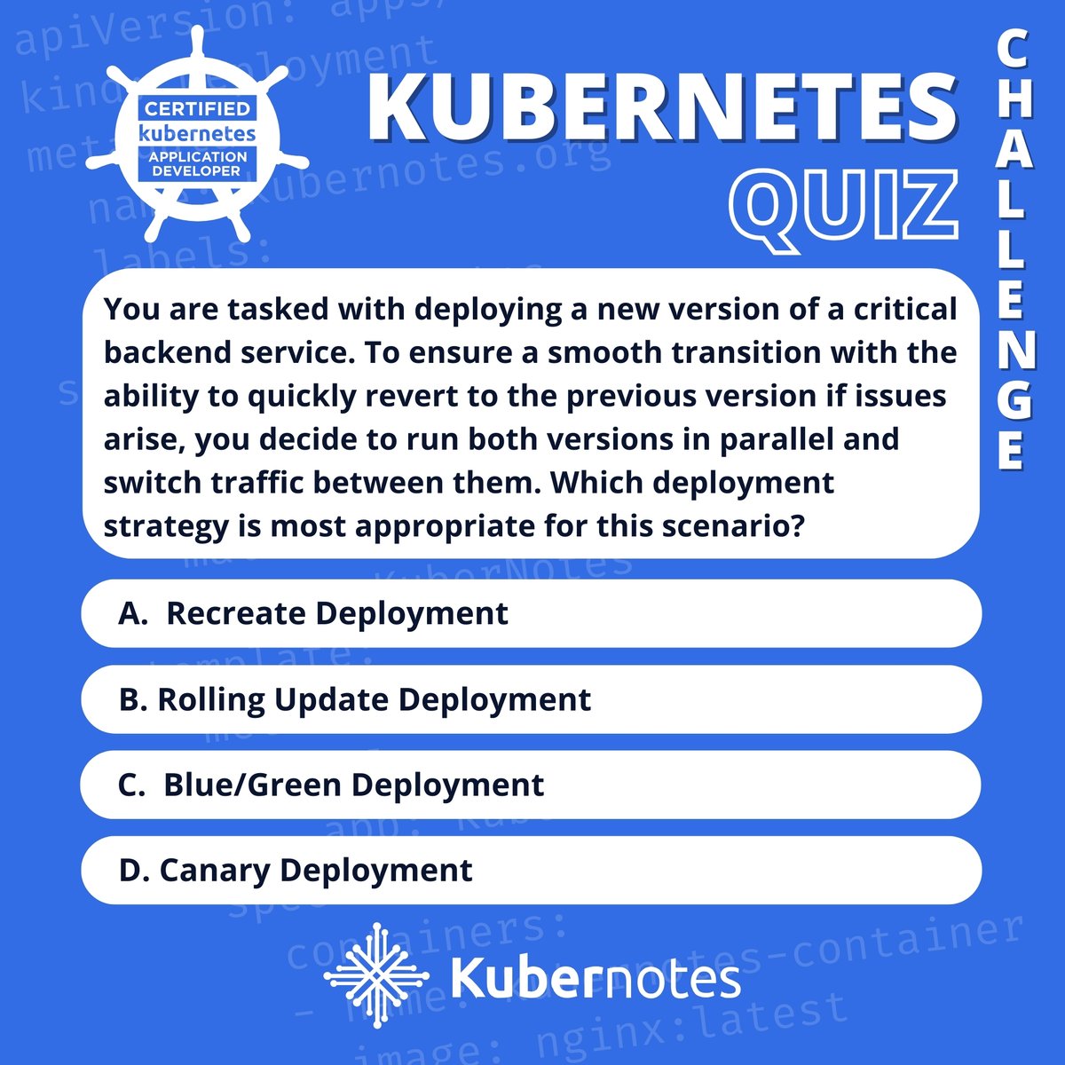 Kubernotes_'s tweet photo. 🌍 OFFICIAL WEBSITE: https://t.co/7tIY6E7NDs

CKAD QUIZ TIME 🚀
Let's check your knowledge on Certified Kubernetes Application Developer (CKAD)

💬 Drop your answer in the comments &amp; tag a study buddy!

#CKAD #KubernetesDeployment #CloudNative #DevOps #ExamTips #StudyWithMe https://t.co/s2SlWxcN8m