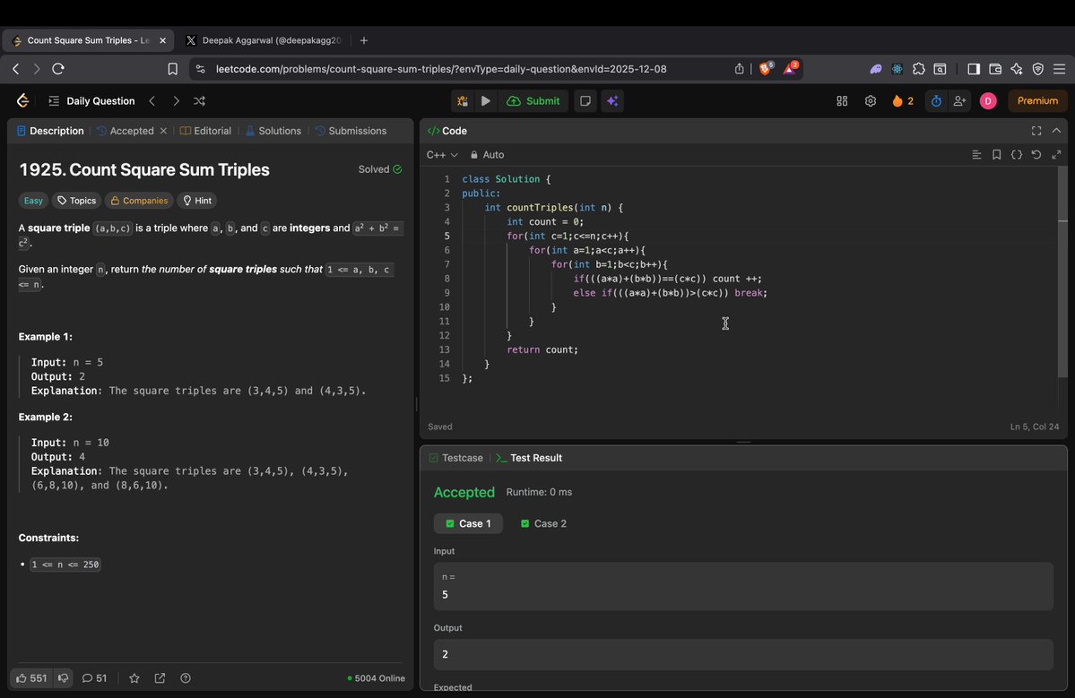 deepakagg2006's tweet image. Day 34/180
Leetcode POTD 1925
Simple brute force, iterate over all combinations of (a,b,c) and count the valid ones O(n^3)
Slightly better approach can be taking all the combinations of (a,b) and see if they form a perfect square which is less n*n O(n^2)
#LeetCode #leetcodedaily