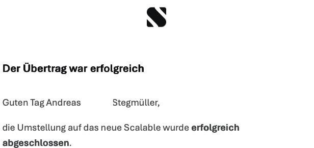 Meine bisherigen Erfahrungen mit dem Übertrag eines Depots waren nicht rosig. 
Der Umstieg auf das neue <a href="/ScalableCapDACH/">Scalable Capital DE</a> verlief dagegen reibungslos und schnell! Hut ab an das Team! Die Prozesse sind komplex und haben bestimmt für rauchende Köpfe und nervöse Finger gesorgt!Danke!
