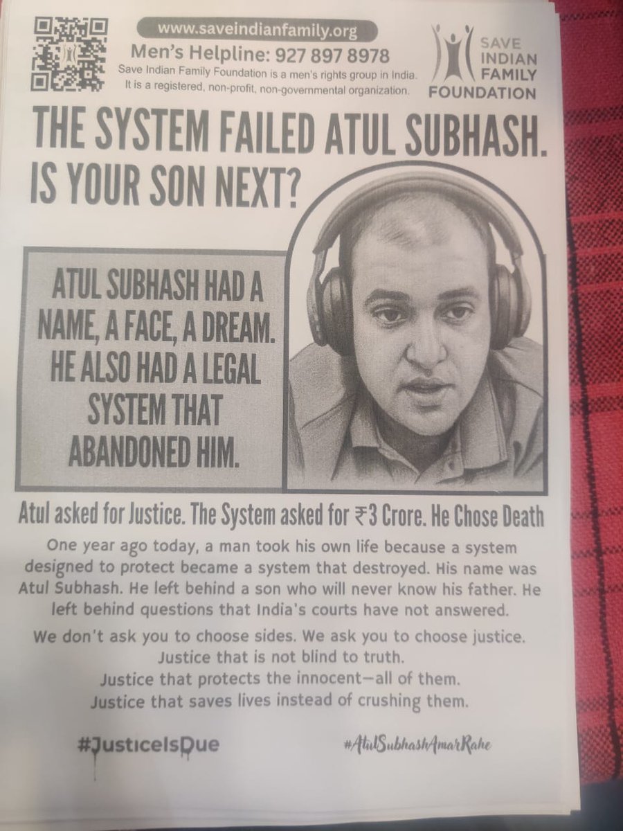 Atul Subhash asked for justice.
The system asked him for ₹3 crore.
A father crushed by false cases chose death over endless harassment

How many more men must die in this silent genocide?
When will India get a Gender-Neutral CJI who sees men’s suffering?
Justice is Due.
#MenToo