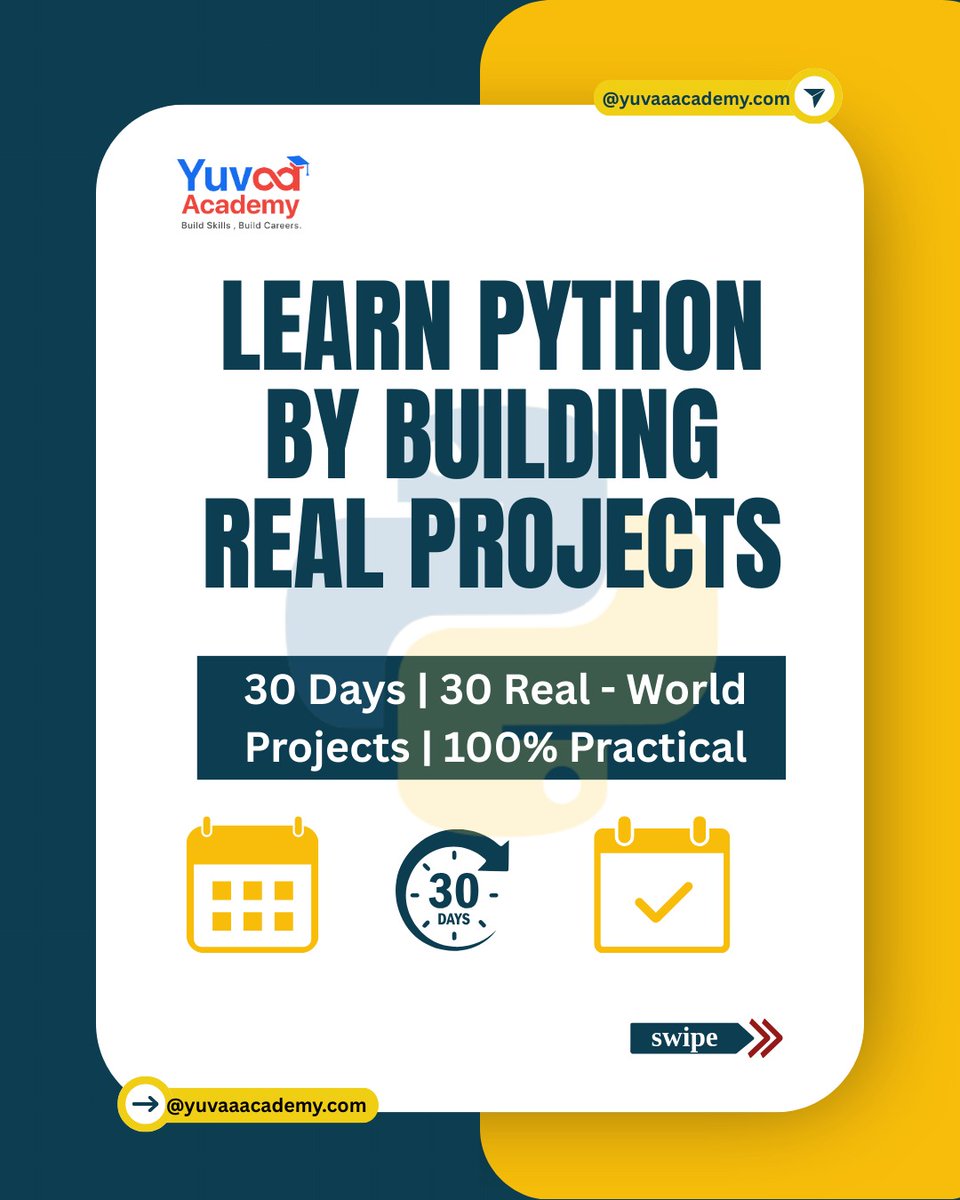 yuvaa__academy's tweet image. Python Builder Bootcamp is live.

30 days of real Python projects, APIs, and AI applications.
Hands on learning. Real industry skills.

Join now
🌐 yuvaaacademy.com/pythonbootcamp

#PythonBootcamp #YuvaaAcademy #LearnPython