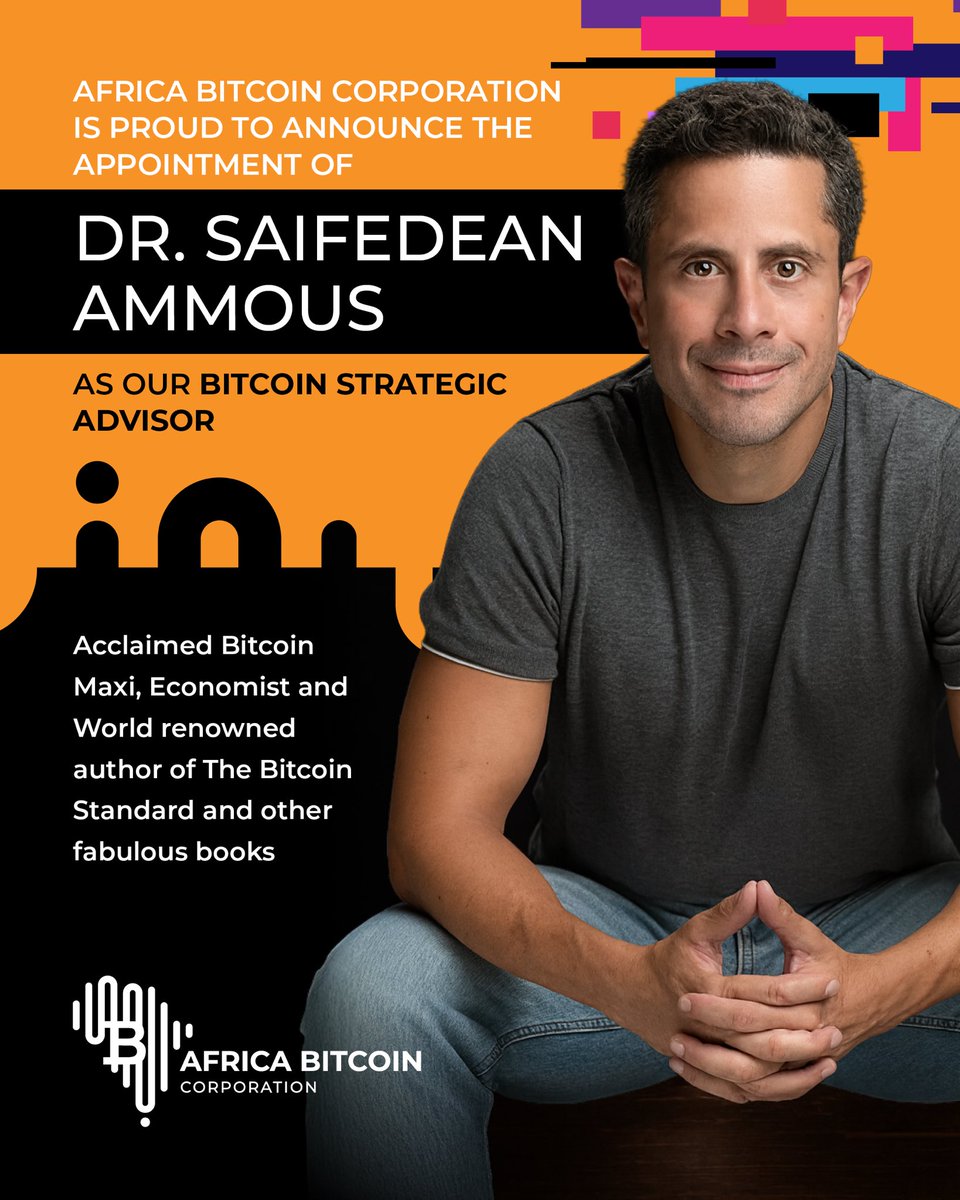AfricaBitCorp Announces Strategic Appointment Africa Bitcoin Corporation is  proud to welcome Dr. Saifedean Ammous @saifedean as Strategic Bitcoin  Advisor. Dr. Ammous is globally regarded as one of the most influential  thinkers in