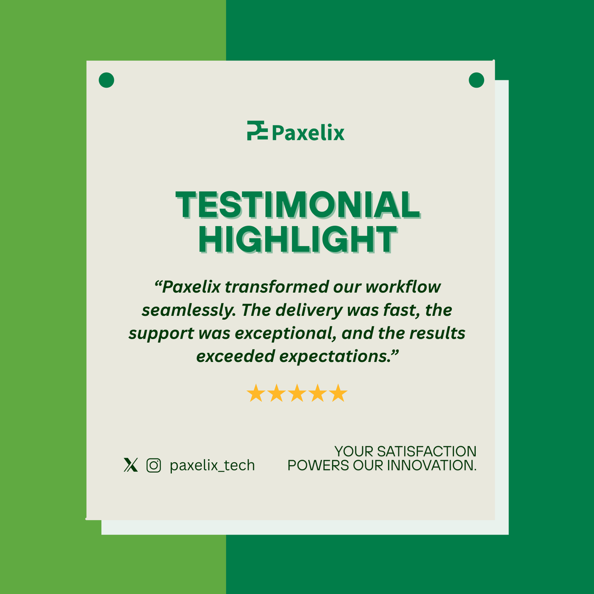 paxelix_tech's tweet photo. Happy New Week! Your satisfaction powers our innovation.

Client Review:
“Workflow transformed seamlessly. Fast delivery. Exceptional support. Exceeded expectations.” ★★★★★

✨ Trusted by businesses that value excellence.
#TrustTheProcess #Paxelix #CustomerExperience https://t.co/poc6yI1Yct