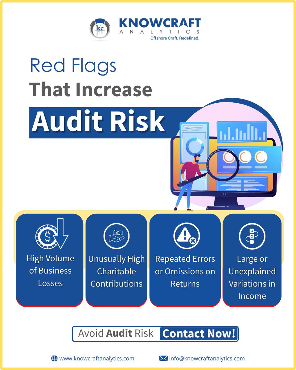 KnowcraftA's tweet image. Don't let these red flags wave your way into an audit. 

Review your returns carefully, maintain detailed records, and when in doubt, consult a tax professional. 

 #KnowcraftAnalytics #TaxAudit #AuditRisk #TaxCompliance #TaxTips #TaxPlanning #TaxSeason #TaxAdvice