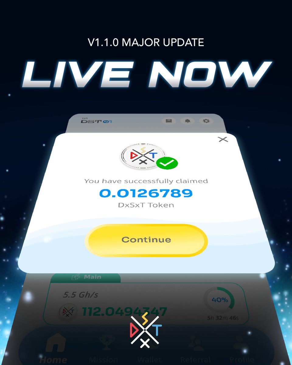 DxSxT Network v1.1.0 Major Update is Now Live! 🚀

This update is a level-up tier upgrade — the mining experience is now smoother than ever! ⚡

✨ 4 Key Highlights:
✅ UI Overhaul: Brand-new design with clearer layout and smoother navigation.
✅ 2 New Contract Modes: Main