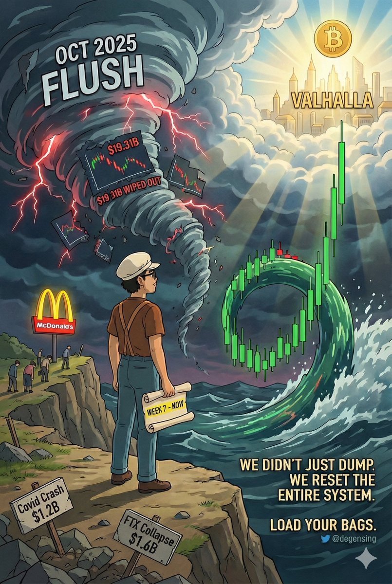 Covid Crash: $1.2B liquidations. FTX Collapse: $1.6B liquidations. 

Oct 2025 Flush: $19.31B WIPED OUT.

Read that again. We didn't just dump. We reset the entire system. 

The tourists are gone. The paper hands are applying at McDonald’s. 

The leverage is dead.

Now look at the