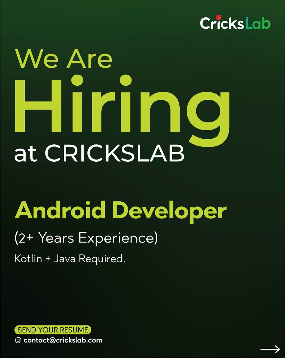 CricksLab's tweet image. 💼 𝙒𝙚’𝙧𝙚 𝙃𝙞𝙧𝙞𝙣𝙜 𝙖𝙩 𝘾𝙧𝙞𝙘𝙠𝙨𝙡𝙖𝙗!

If you love building smooth, high-performance apps — this role is for you.

Apply now: contact@crickslab.com

#Crickslab #Hiring #AndroidDeveloper #ApplyNow #JobOpportunity