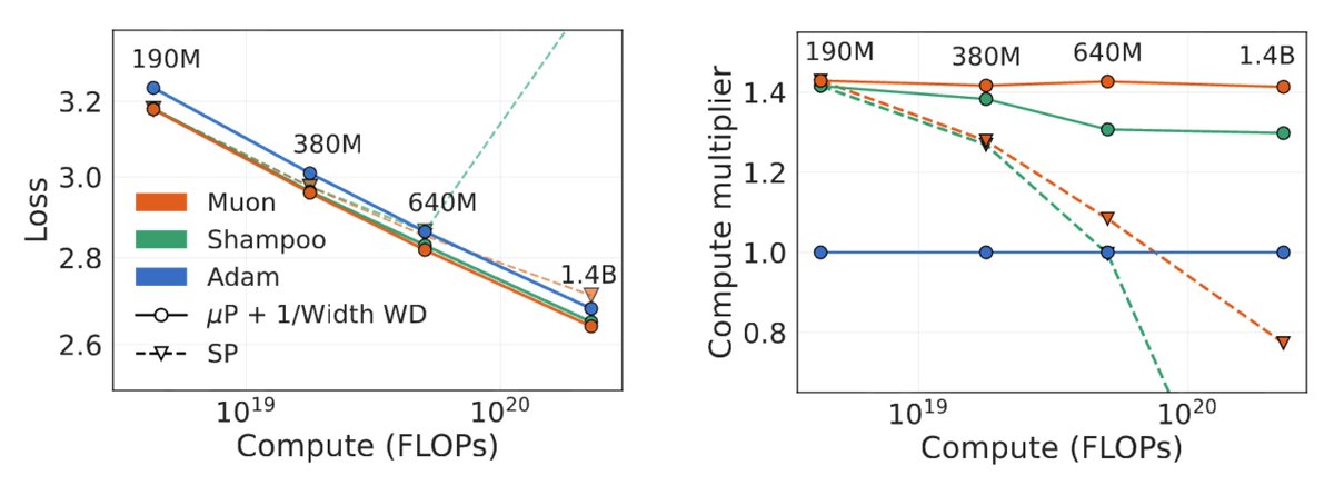 ShikaiQiu's tweet image. Optimizers are only as good as our ability to predict good hyperparameters for them when used at scale. With robust hyperparameter transfer, we find Muon and Shampoo consistently beat AdamW by 1.4x and 1.3x in compute for training language models up to 1.4B parameters.
1/n