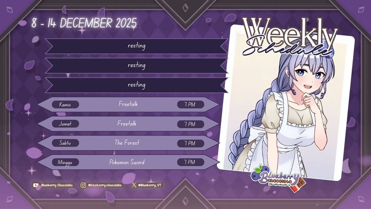 hemlo hehehe, i'm back with the schedule :D
here~ schedule for this week
art by: <a href="/AkechiRin/">Akechi Rin Ch.</a> 

Schedule for: December 8th - December 14th 2025
[TAGS]
General: #blueberrychocolato
Live: #BlawLIVE
Meme: #Blawak
Fanart: #BlawArt
Fanname: #Berries

#Vtuber #VTuberUprising
