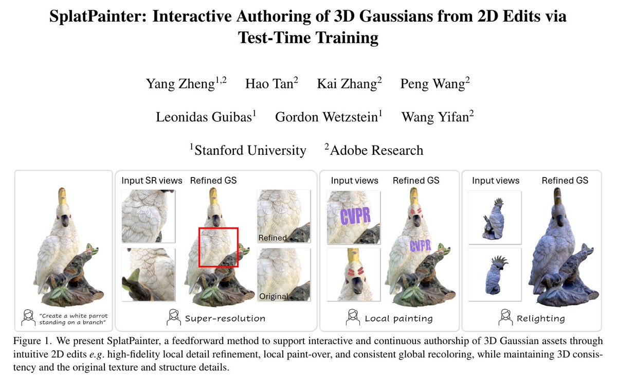 SplatPainter：透過測試時訓練，從 2D 編輯互動式地建立 3D 高斯分佈

貢獻：
 1. 一種新型前饋編輯框架：我們引入了 SplatPainter，一種用於 3DGS 互動式連續編輯的狀態感知前饋模型。透過利用 TTT，我們