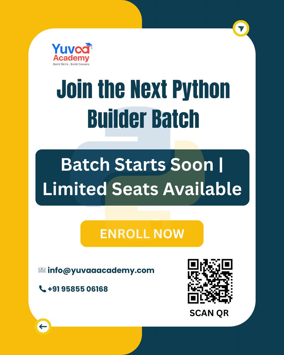Yuvaasoft's tweet image. Python Builder Bootcamp is live.

30 days of real Python projects, APIs, and AI applications.
Hands on learning. Real industry skills.
Join now
🌐 yuvaaacademy.com/pythonbootcamp

#PythonBootcamp #YuvaaAcademy #LearnPython