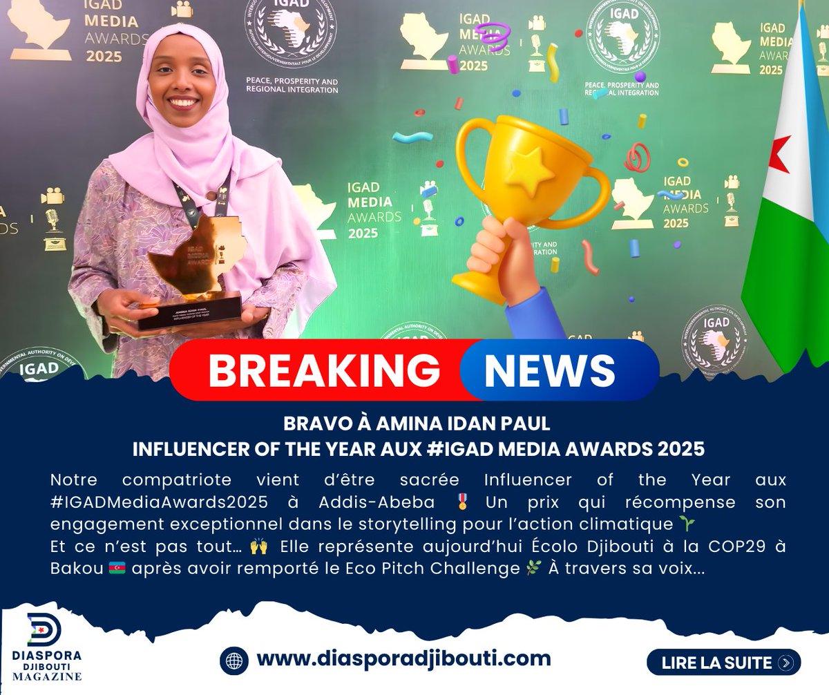 Très touchée par l’article publié par <a href="/diaspora_dj/">Diaspora Djibouti</a> sur mon parcours, de la COP29 à Bakou à l’IGAD Media Awards 2025. 

Chaque étape, chaque rencontre, chaque défi m’a appris quelque chose, et c’est un véritable honneur de voir mon histoire racontée avec autant de justesse.

Un