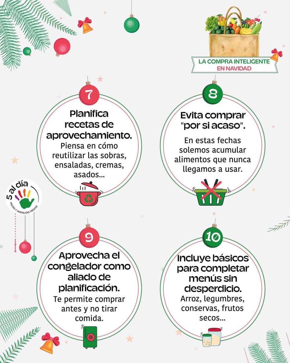 🎄Navidad no significa comprar más, sino comprar mejor.

👉🏼Con nuestro decálogo tendrás a mano trucos sencillos y eficaces para planificar📆, ahorrar 💶 y elegir alimentos que te cuidan 🥑🍅

#CestaSaludable #Desperdicioalimentario