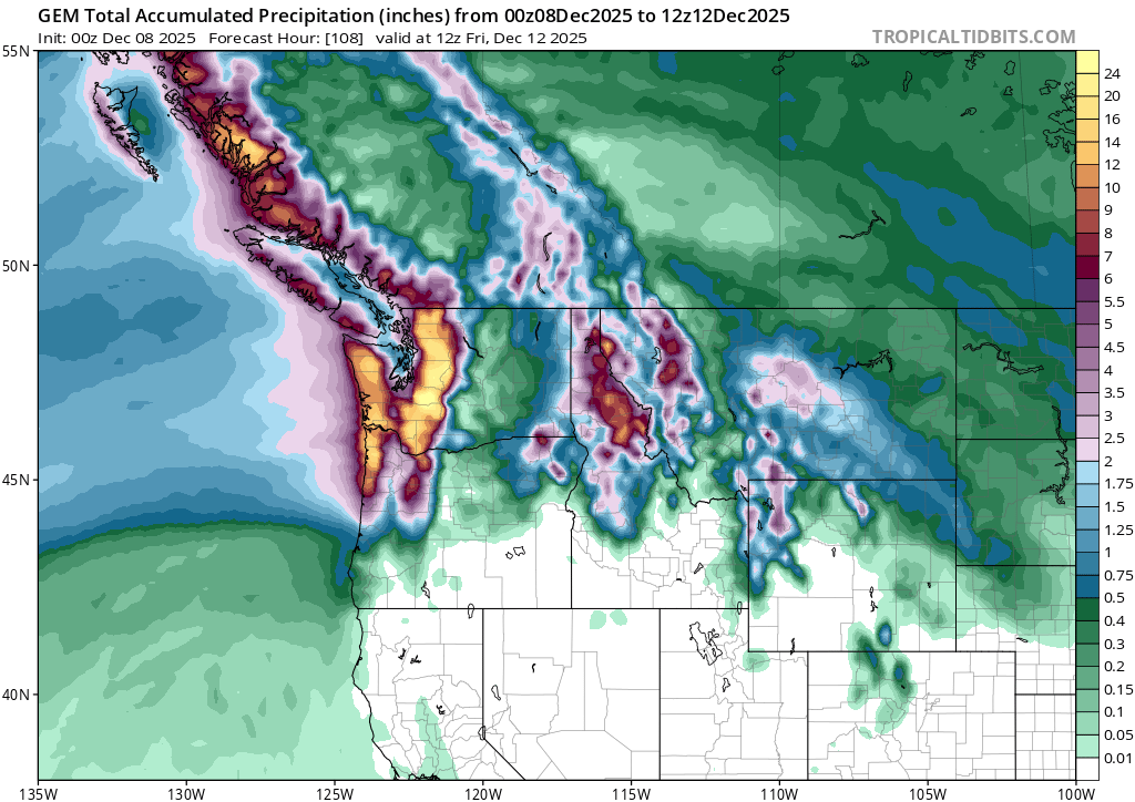 Brad604's tweet photo. In terms of SW BC and SW BC only. I really hope the CMC model run stays like this. What you are seeing is a storm strength similar to November 13-15, 2021, except WA is about to be absolutely fucking rocked by what would also be a Category 5 Atmospheric River. In the November 13-15, 2021, Storm, the colors were exactly like this, except all targeted at SW BC. 
I want to be very clear. We will get hit hard in this Storm tomorrow in SW BC. But nowhere near as bad as WA is about to see.
In WA, they are in big time trouble. River forecasts are showing many of them reaching major flood stage criteria. Landslide potential here is also very high. This is a potentially catastrophic storm for some in WA over the next 4 days. If you live in SW BC, take precautions as needed. But I do ask to please be thinking of our neighbors down in WA. This is our November 13-15, 2021 Storm, except it is aimed straight at WA this time. Some mountain areas will see 300+ mm of rainfall in a 72-hour period. With already saturated soils and high snow levels, that will all be run-off and flowing down into the valleys. 
I will storm chase if I can. But I am not going to be putting myself at risk of being trapped by mudslides. #bcstorm
#wawx
