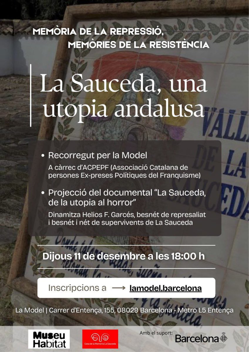 Projecció del documental #memòriahistòrica: La Sauceda, de una utopía al horror

Dijous 11 de desembre de 2025, des de les 18 hores, a La Model, carrer d’Entença 155, Barcelona

noubarrisperlarepublica.org/cat/la-sauceda…