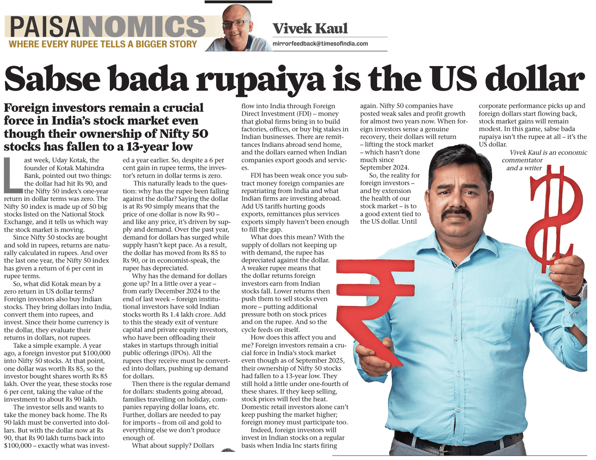kaul_vivek's tweet image. Sabse bada rupaiya is the US dollar

Last week, Uday Kotak, the founder of Kotak Mahindra Bank, pointed out two things: the dollar had hit Rs 90, and the Nifty 50 index’s one-year return in dollar terms was zero.

Why have the Indian stocks delivered zero returns in US dollar