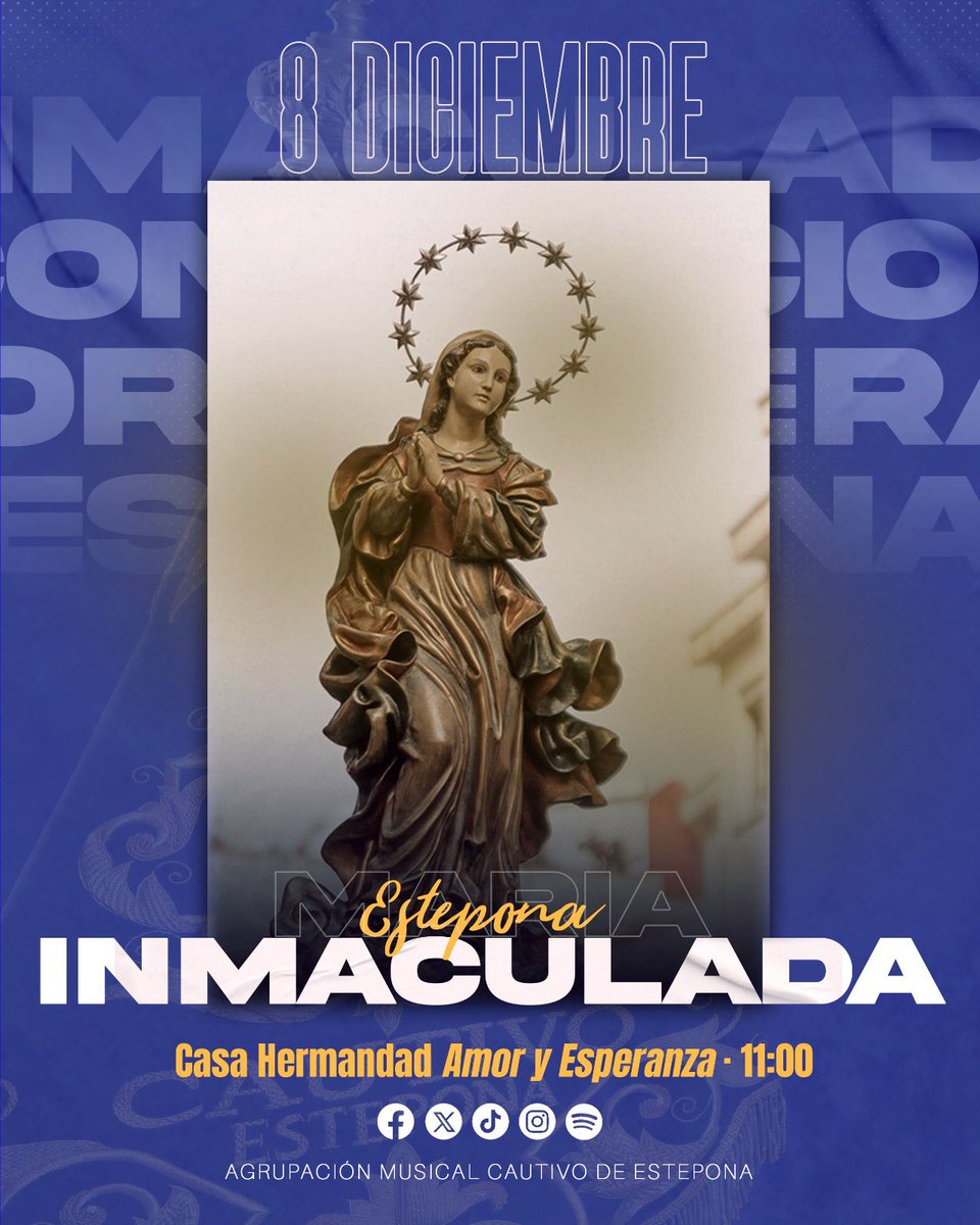 𝐈𝐍𝐌𝐀𝐂𝐔𝐋𝐀𝐃𝐀 | 𝐄𝐒𝐓𝐄𝐏𝐎𝐍𝐀

En la mañana de hoy, nuestra formación ofrecerá su música a María Inmaculada de la Hermandad del Amor en su tradicional procesión por las calles de Estepona.
