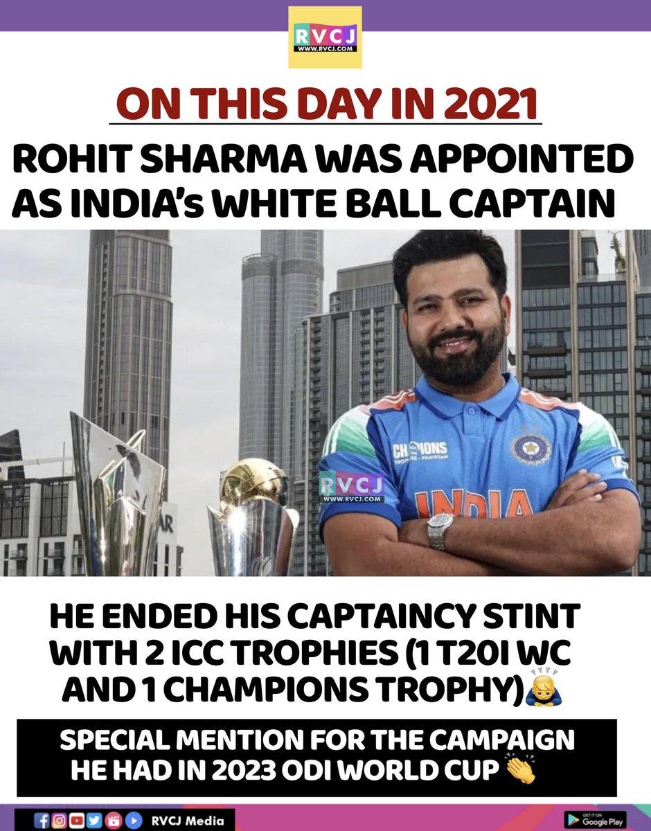 RVCJ_FB's tweet photo. On This Day In 2021, Rohit Sharma was appointed as India's white ball captain.. https://t.co/GnXp51BymF