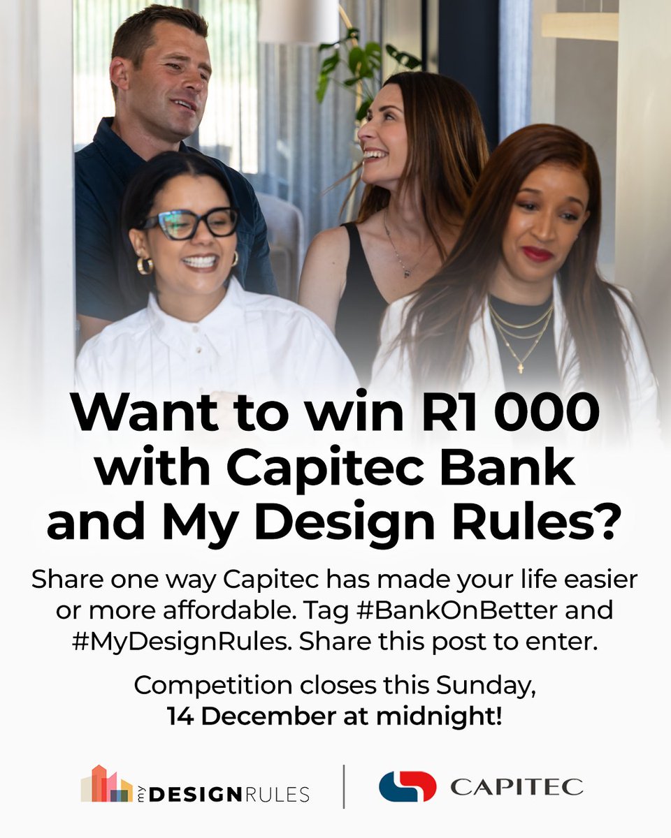 Want to win R1 000 with <a href="/CapitecBankSA/">Capitec</a>  and My Design Rules?

Share why Capitec has made your life more affordable.
Tag #BankOnBetter and #MyDesignRules, and share this post to enter.

Competition closes Sunday, 14 December at midnight.
Ts&amp;Cs apply. mydesignrules.tv