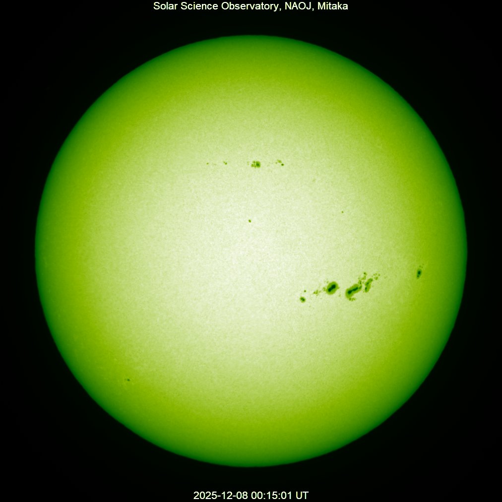 太陽分割 本日の太陽】2025-12-08の太陽黒点 北半球g=4,f=15,R=55 南半球g=4,f