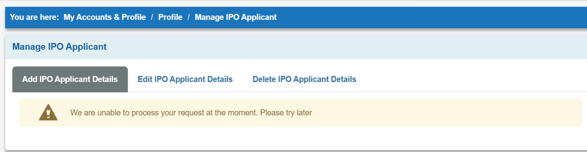 AakashM27's tweet photo. @OfficialSBICare @TheOfficialSBI 
I’ve been unable to add/edit IPO applicant details on the SBI net banking portal for the last two weeks. The page shows: “We are unable to process your request at the moment. Please try later.” https://t.co/VWL8DQp1n6